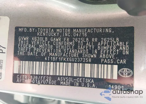 2016 Toyota Camry Se из США, поврежденный, VIN 4T1BF1FKXGU237258